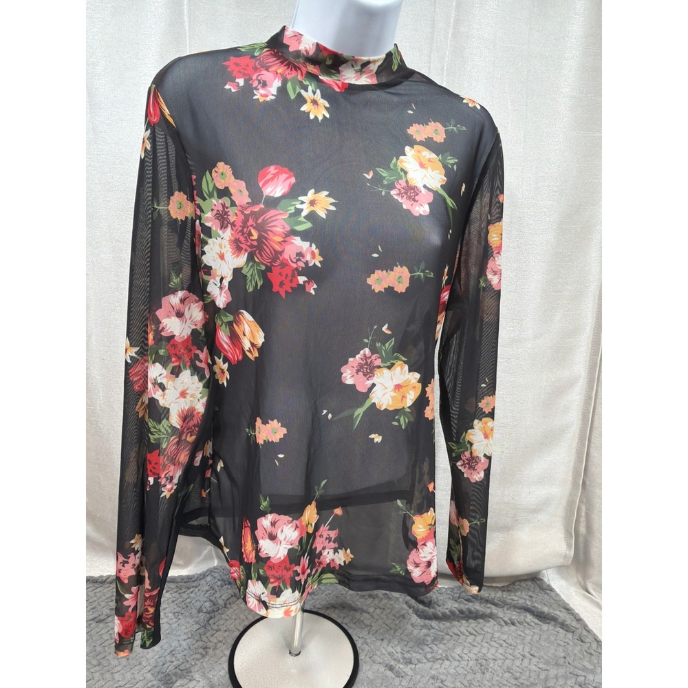 SHEIN Curve Sheer Mesh Floral Mock Neck Long Sleeve Top Black 1XL JIT9951223